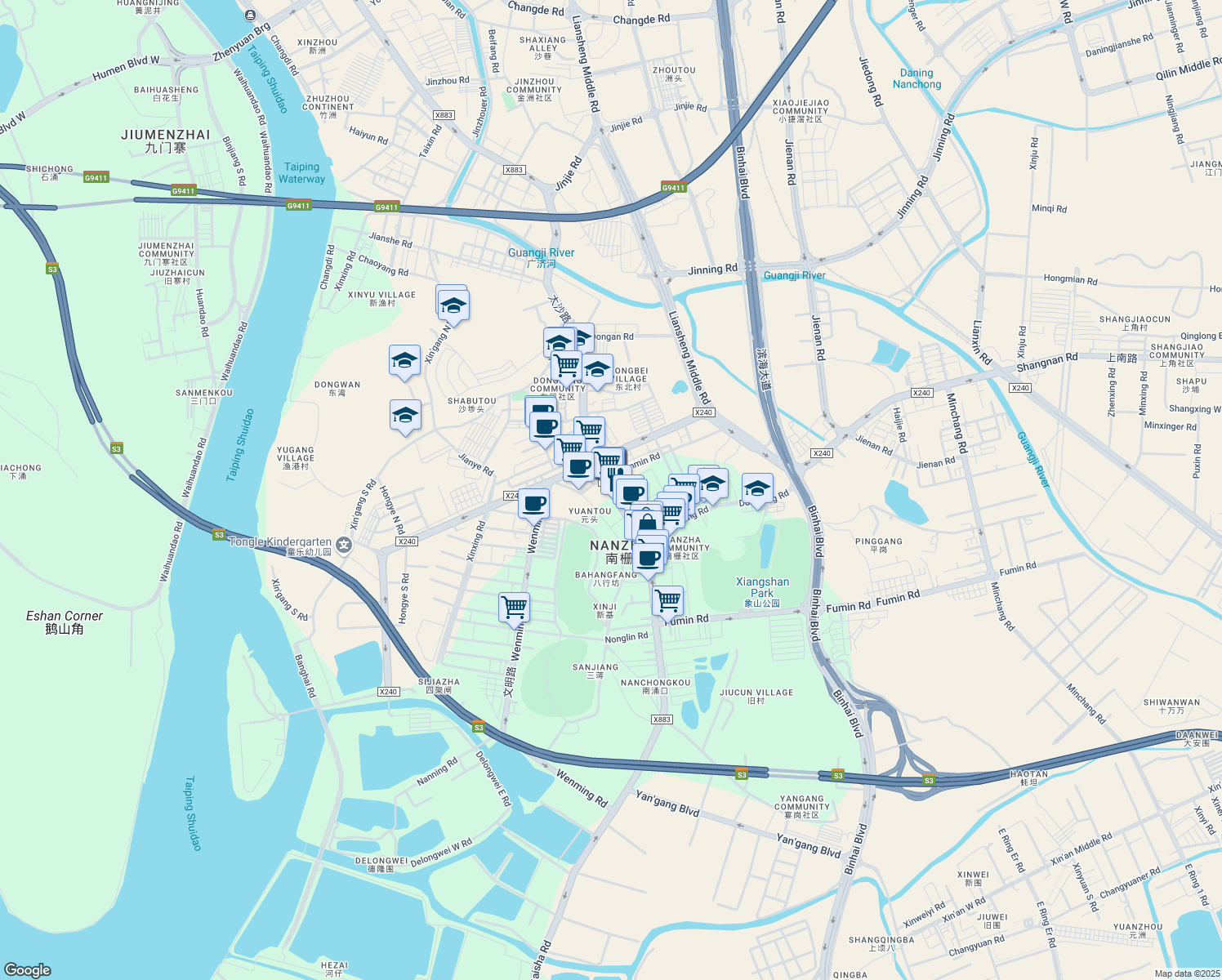 map of restaurants, bars, coffee shops, grocery stores, and more near Tai Sha Lu in Dong Guan Shi