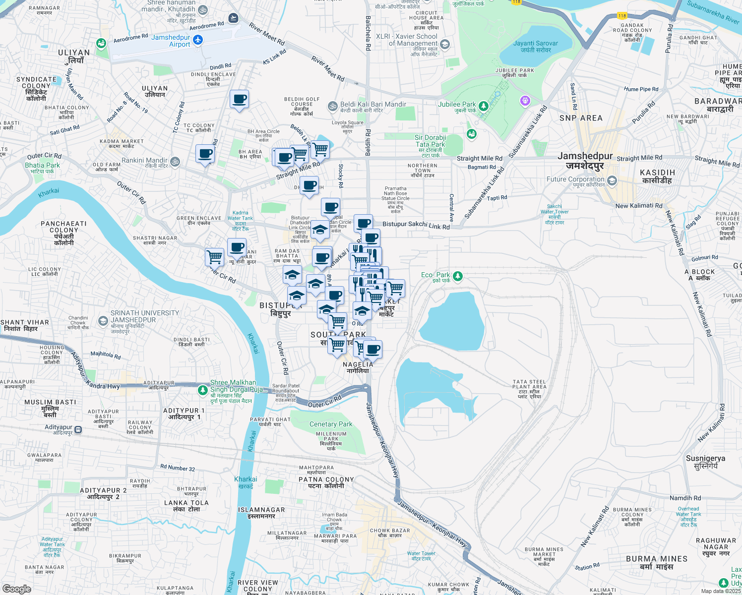 map of restaurants, bars, coffee shops, grocery stores, and more near Tata - Hata Main Road in Jamshedpur
