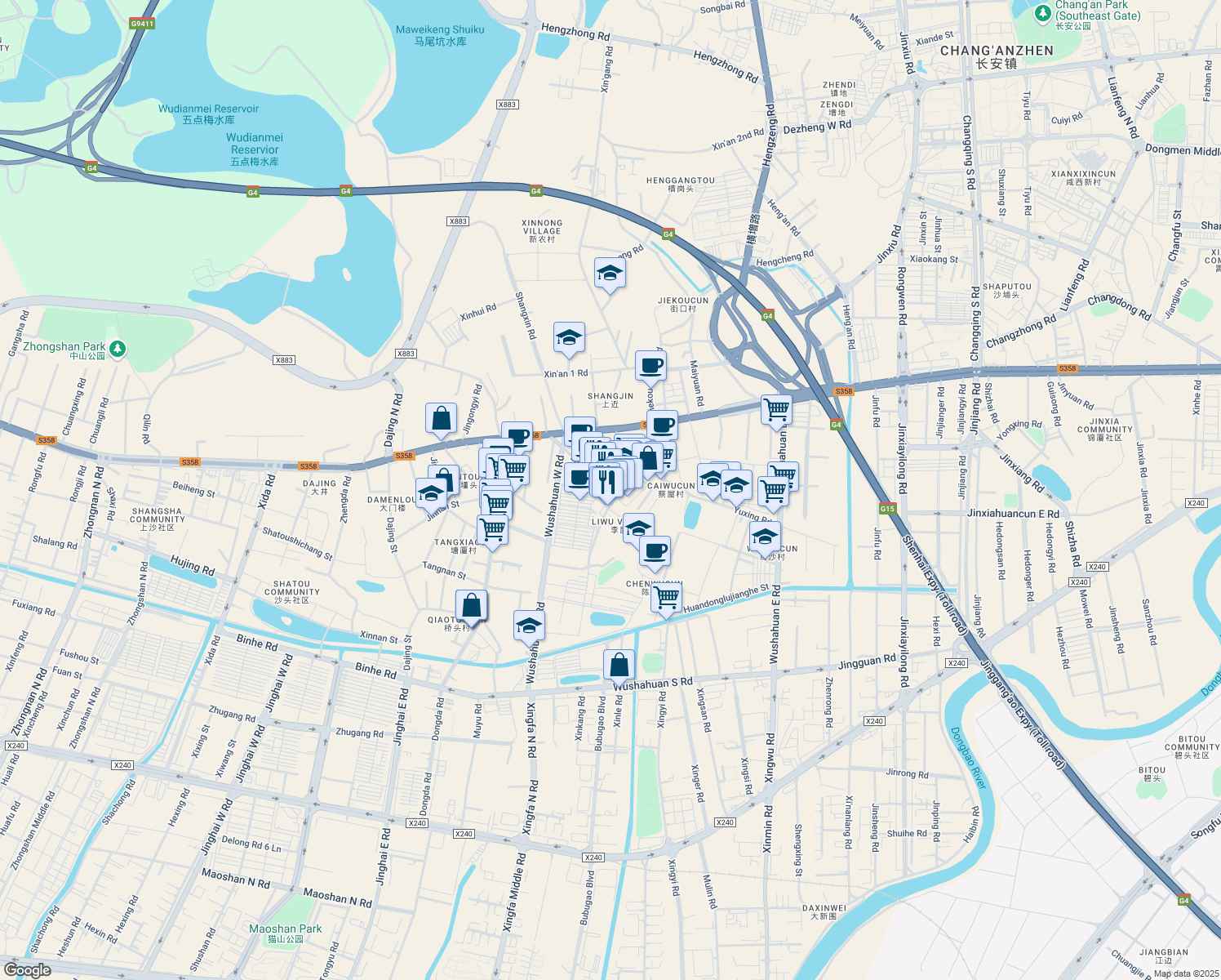 map of restaurants, bars, coffee shops, grocery stores, and more near Li Wu Lu in Dong Guan Shi