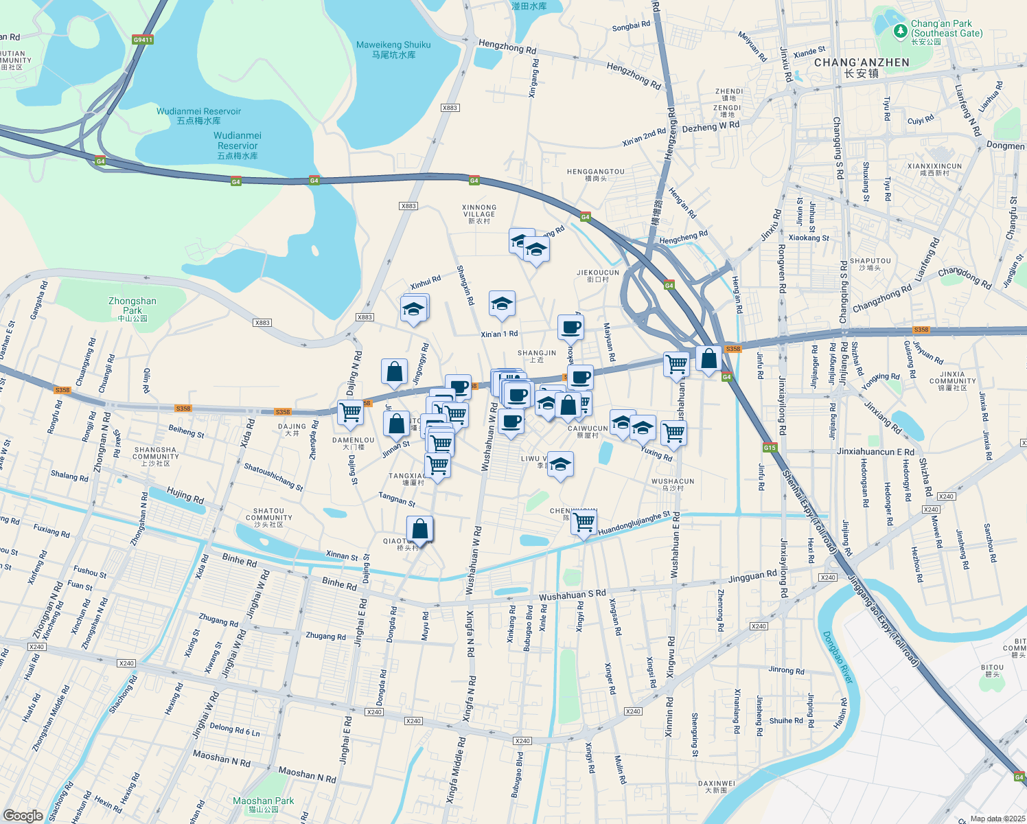 map of restaurants, bars, coffee shops, grocery stores, and more near Li Wu Lu in Dong Guan Shi