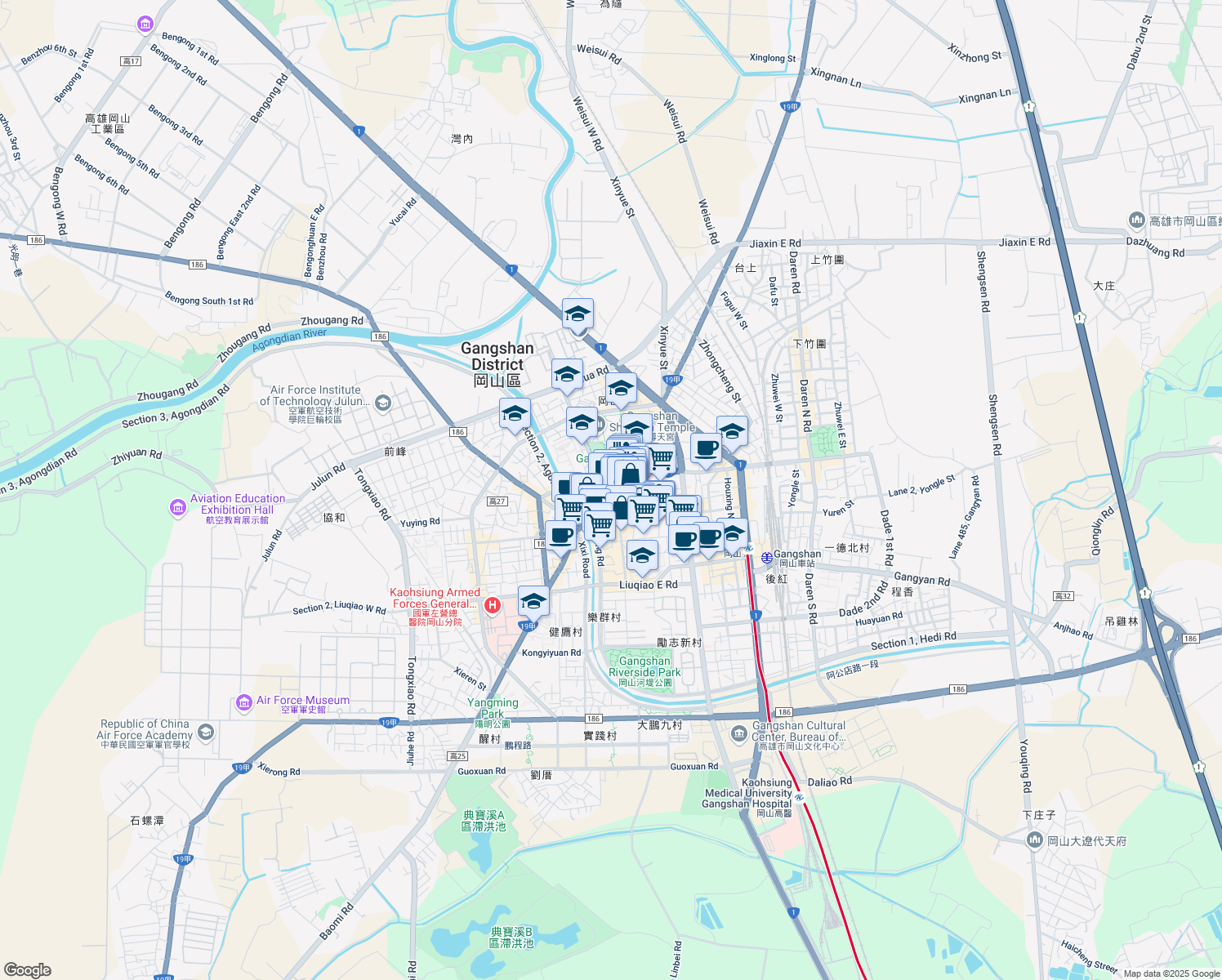 map of restaurants, bars, coffee shops, grocery stores, and more near 99 Shoutian Road in Gangshan District