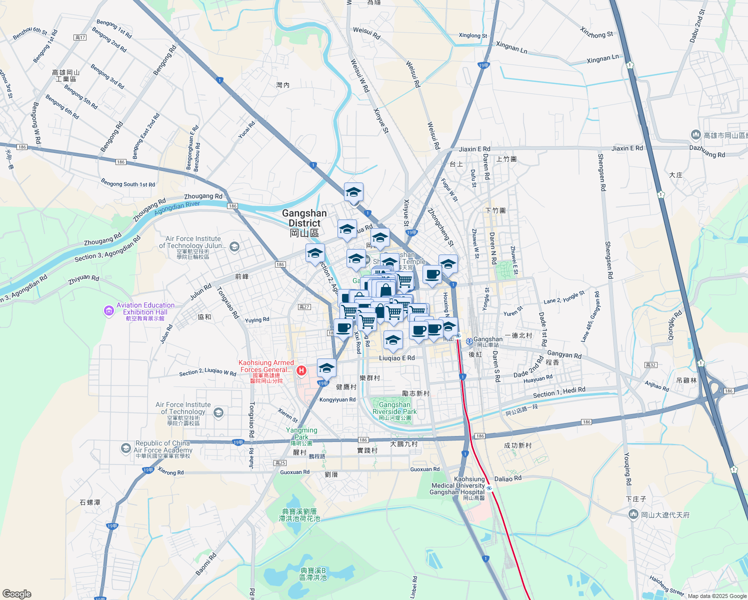 map of restaurants, bars, coffee shops, grocery stores, and more near 99 Shoutian Road in Gangshan District