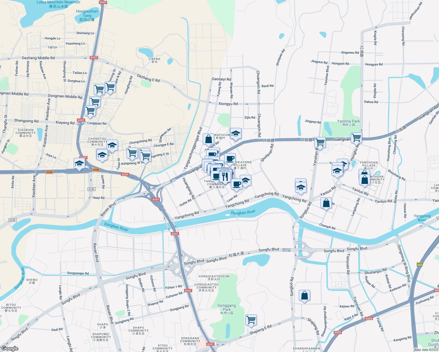 map of restaurants, bars, coffee shops, grocery stores, and more near He Tong Lu in Shen Zhen Shi