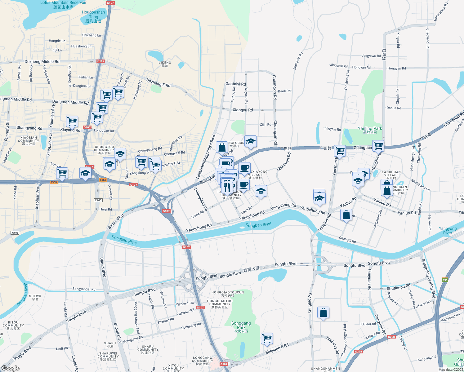 map of restaurants, bars, coffee shops, grocery stores, and more near He Tong Lu in Shen Zhen Shi