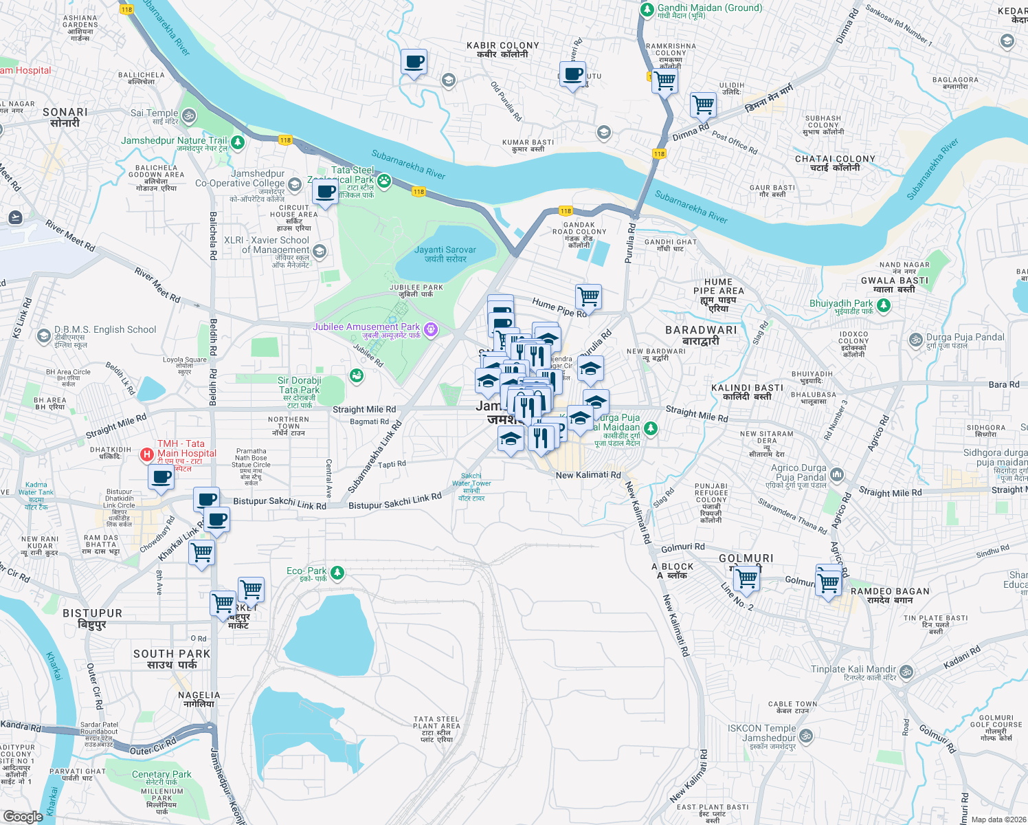 map of restaurants, bars, coffee shops, grocery stores, and more near in Jamshedpur