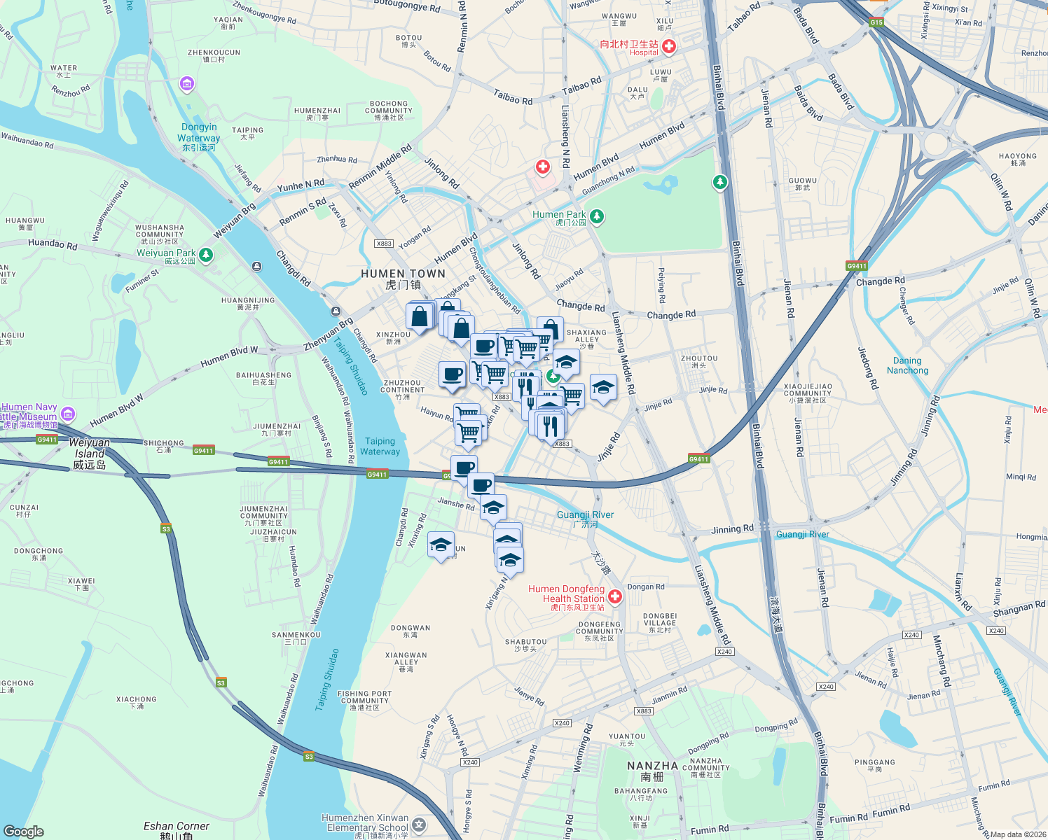 map of restaurants, bars, coffee shops, grocery stores, and more near Jin Zhou Lu in Dongguan Shi