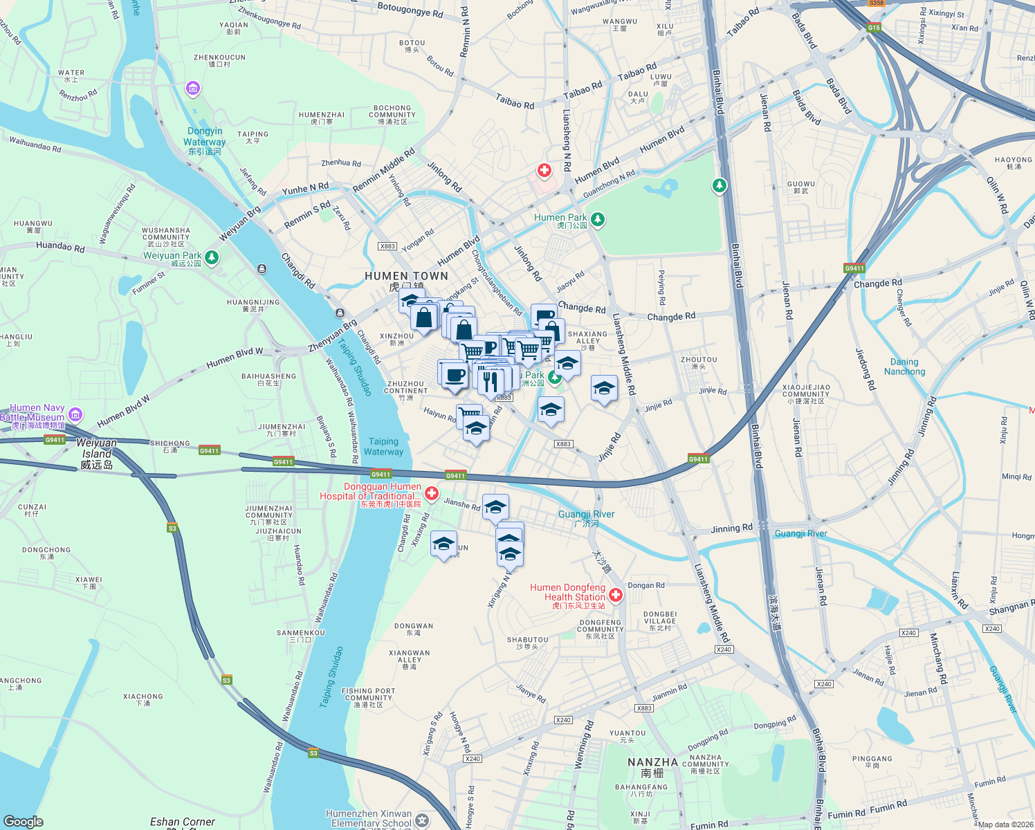 map of restaurants, bars, coffee shops, grocery stores, and more near Jin Zhou Lu in Dongguan Shi