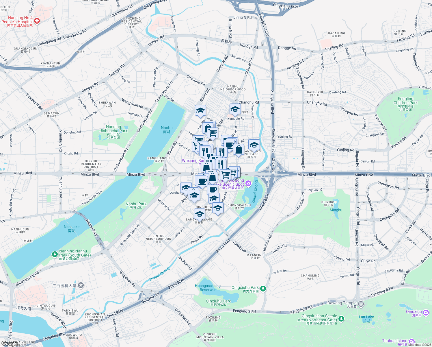 map of restaurants, bars, coffee shops, grocery stores, and more near Min Zu Da Dao in Nan Ning Shi