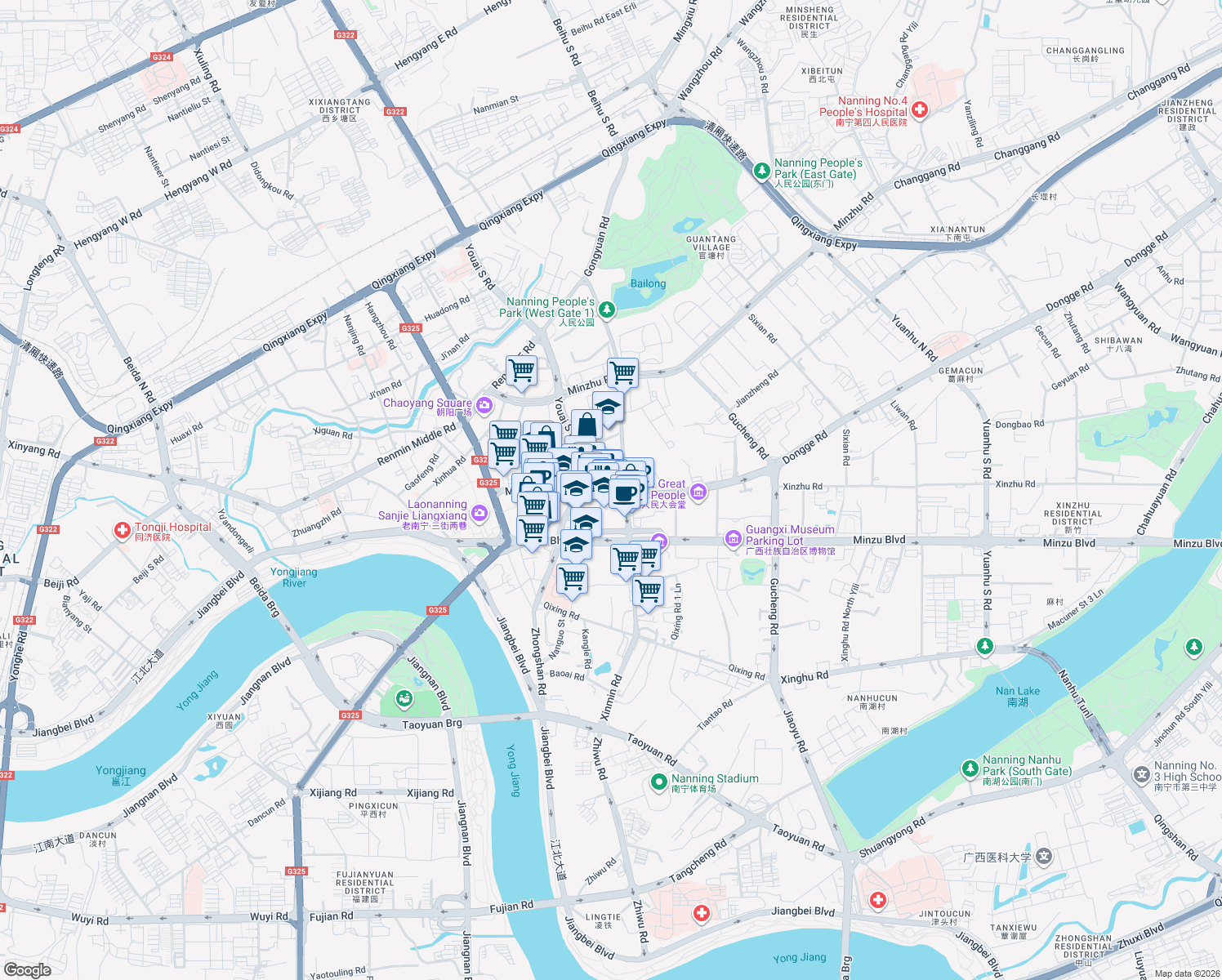 map of restaurants, bars, coffee shops, grocery stores, and more near in Nanning