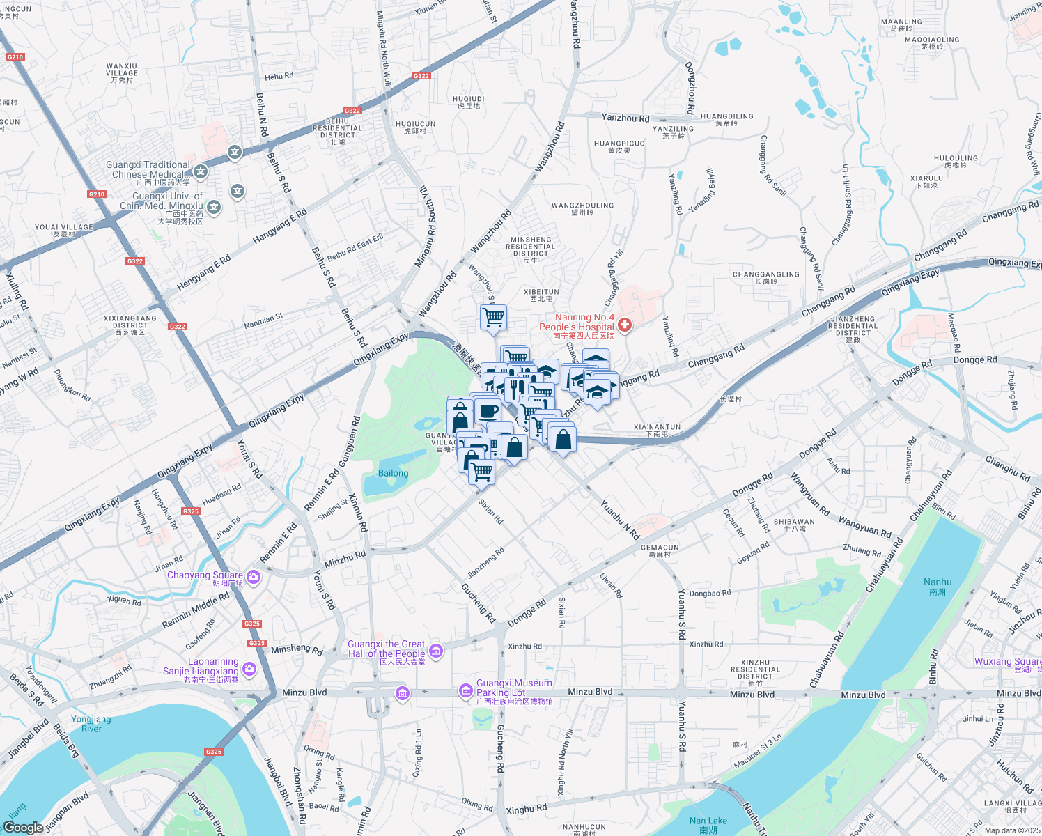 map of restaurants, bars, coffee shops, grocery stores, and more near Yuan Hu Bei Lu in Nan Ning Shi