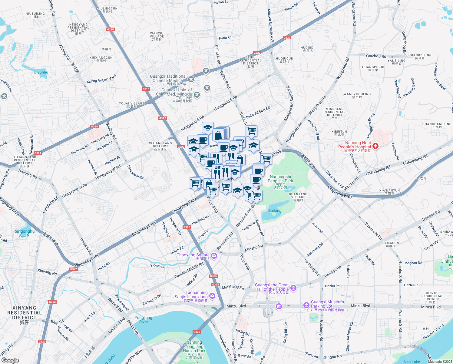 map of restaurants, bars, coffee shops, grocery stores, and more near Zhong Hua Lu in Nan Ning Shi