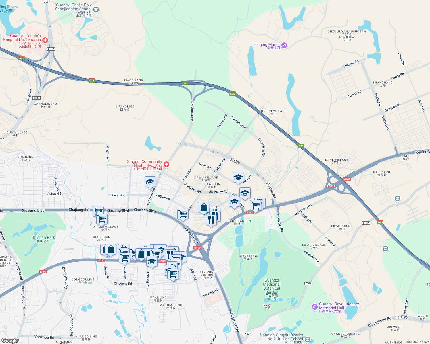 map of restaurants, bars, coffee shops, grocery stores, and more near Jin Chuan Lu in Nanning Shi