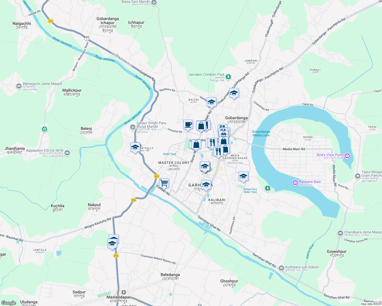 map of restaurants, bars, coffee shops, grocery stores, and more near BEd College Road in Gobardanga