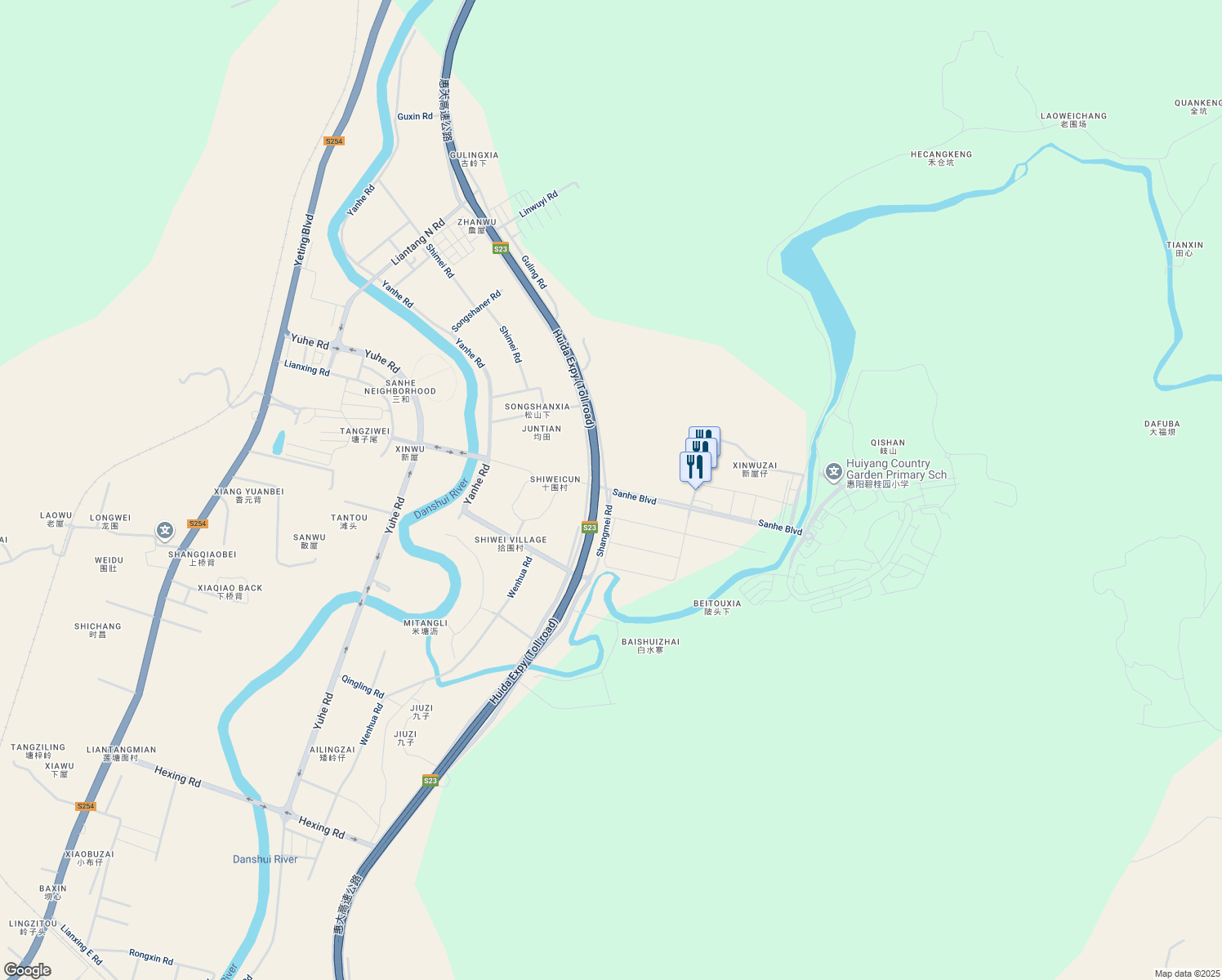 map of restaurants, bars, coffee shops, grocery stores, and more near San He Da Dao in Hui Zhou Shi