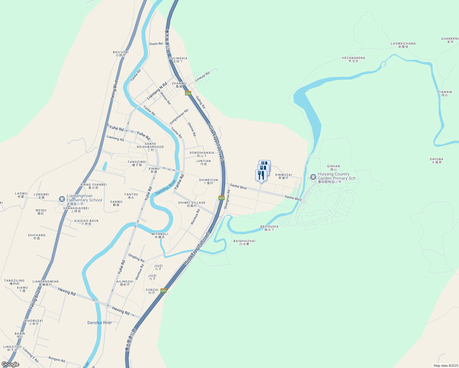 map of restaurants, bars, coffee shops, grocery stores, and more near San He Da Dao in Hui Zhou Shi