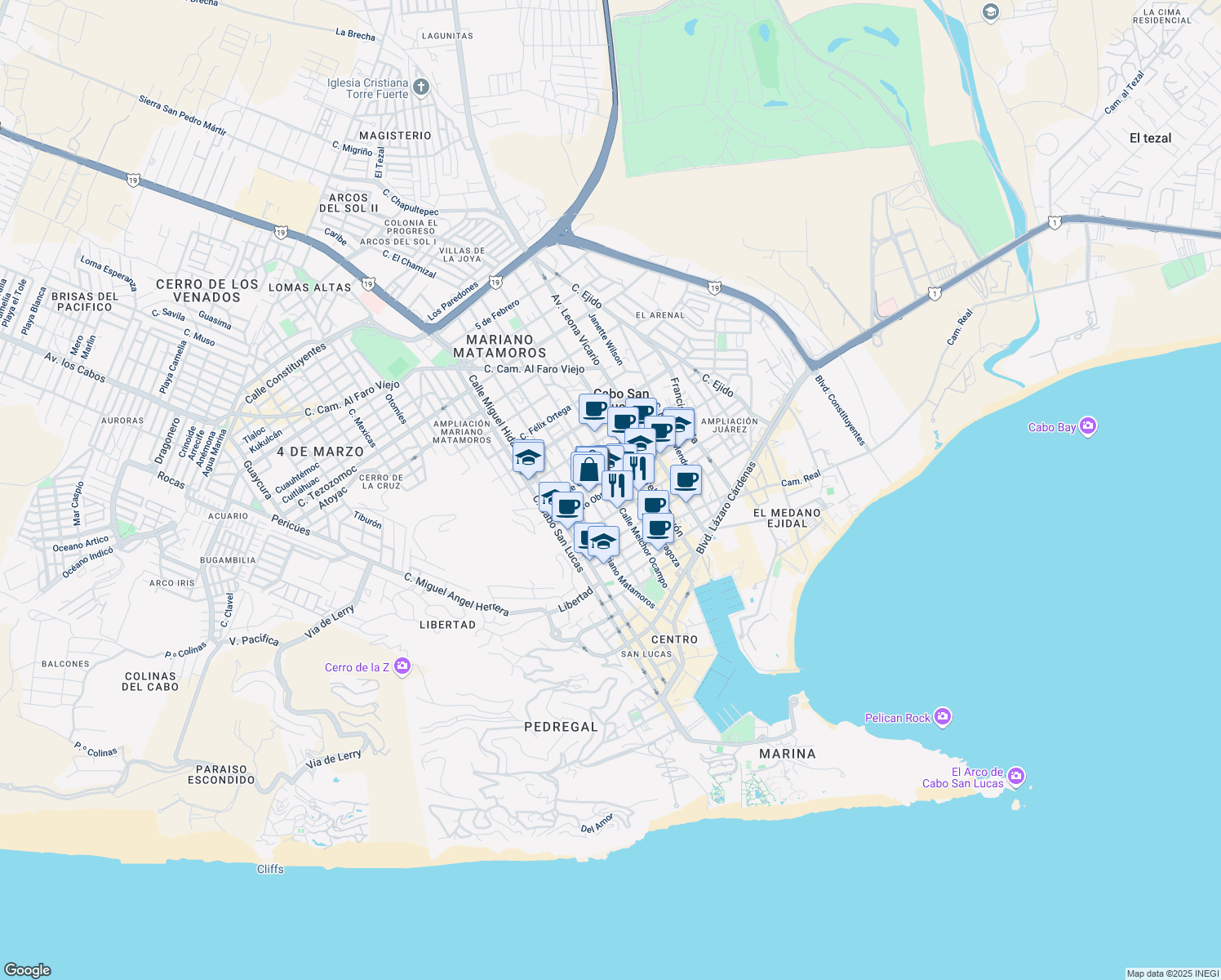 map of restaurants, bars, coffee shops, grocery stores, and more near 2710 Calle Melchor Ocampo in Cabo San Lucas