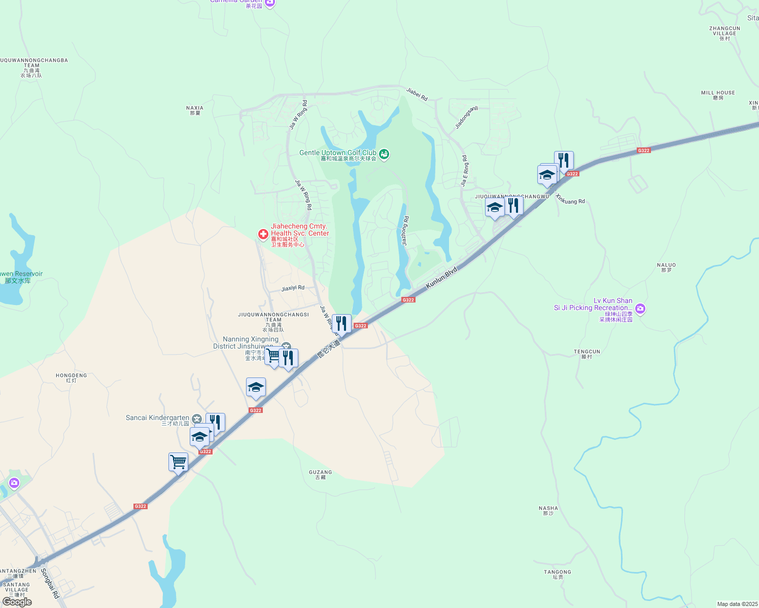 map of restaurants, bars, coffee shops, grocery stores, and more near Kun Lun Da Dao in Nan Ning Shi