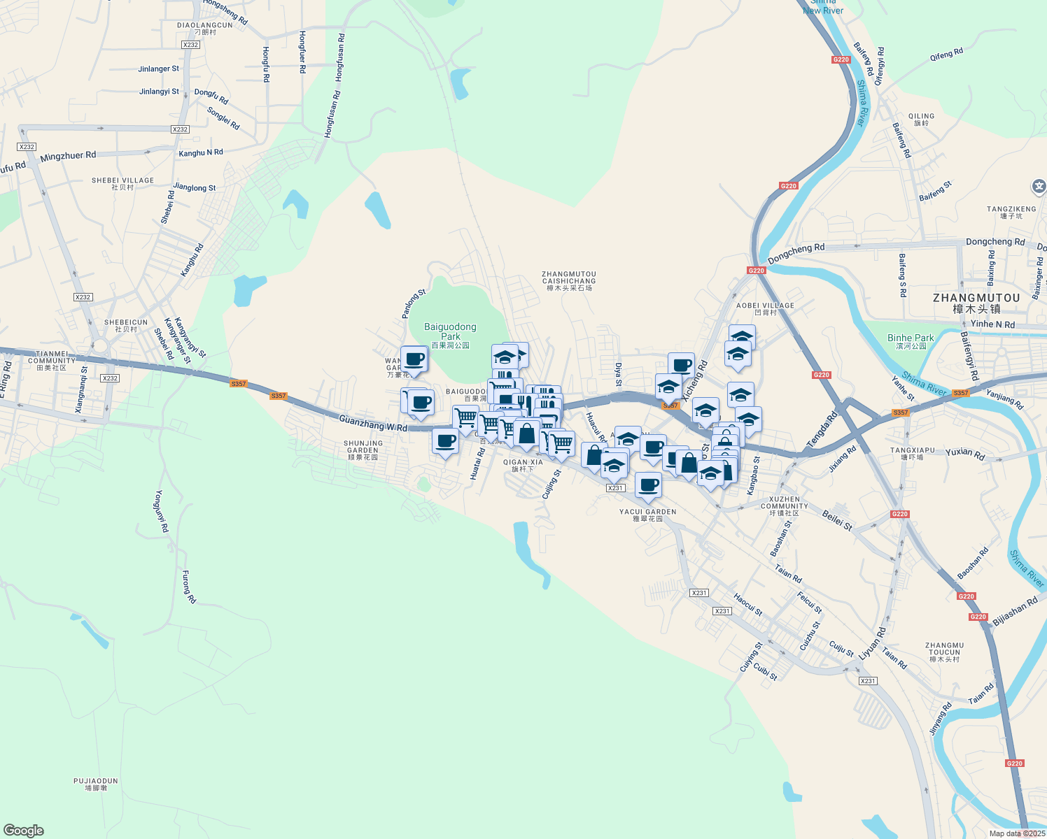 map of restaurants, bars, coffee shops, grocery stores, and more near Guan Zhang Xi Lu in Dong Guan Shi