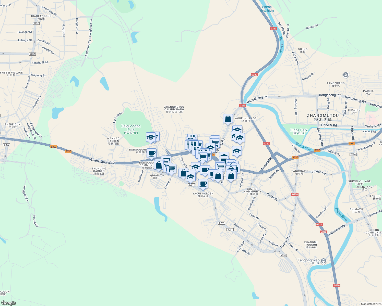 map of restaurants, bars, coffee shops, grocery stores, and more near Guan Zhang Xi Lu in Dong Guan Shi
