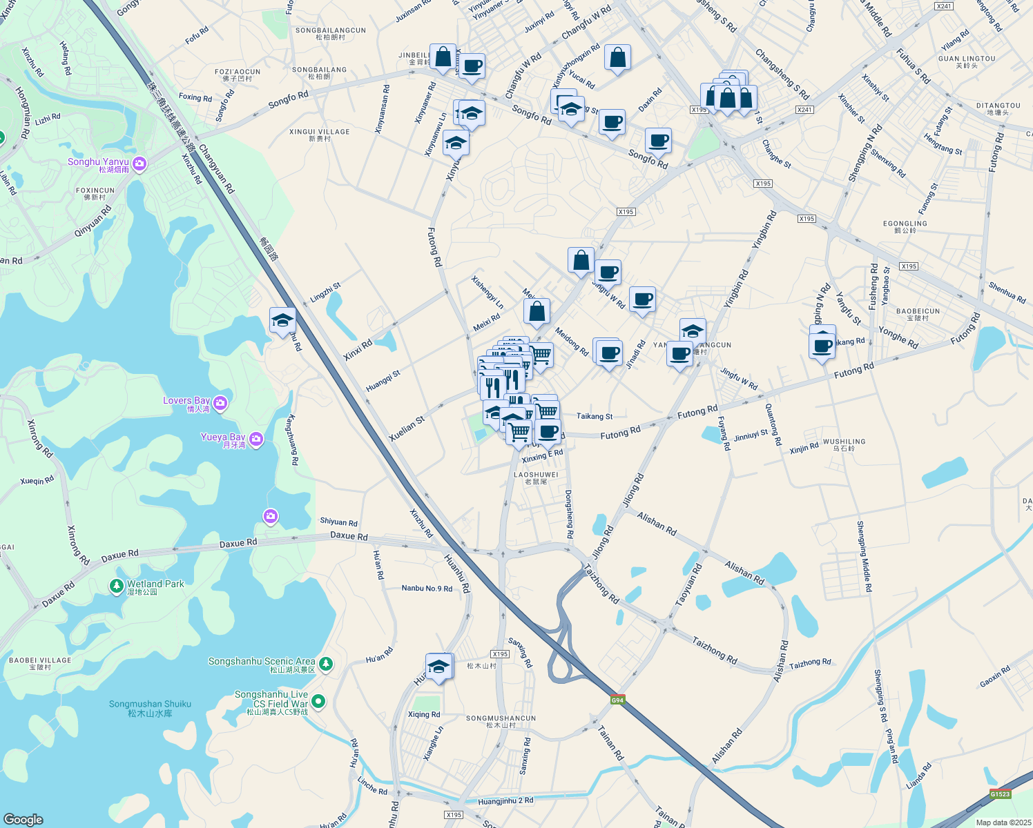 map of restaurants, bars, coffee shops, grocery stores, and more near Mei Jing Zhong Lu in Dong Guan Shi