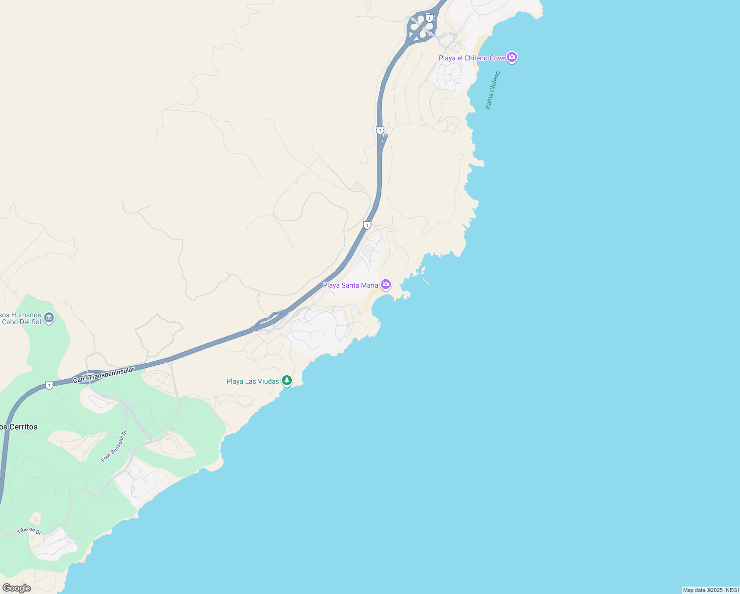 map of restaurants, bars, coffee shops, grocery stores, and more near Playa Santa María in Cabo San Lucas