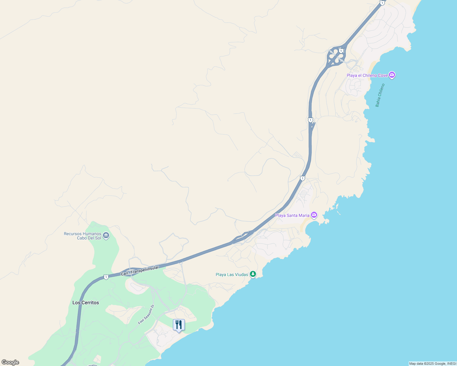 map of restaurants, bars, coffee shops, grocery stores, and more near Playa Santa María in Cabo San Lucas