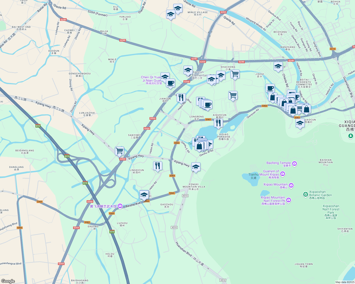 map of restaurants, bars, coffee shops, grocery stores, and more near Jin Hu Da Dao in Fo Shan Shi