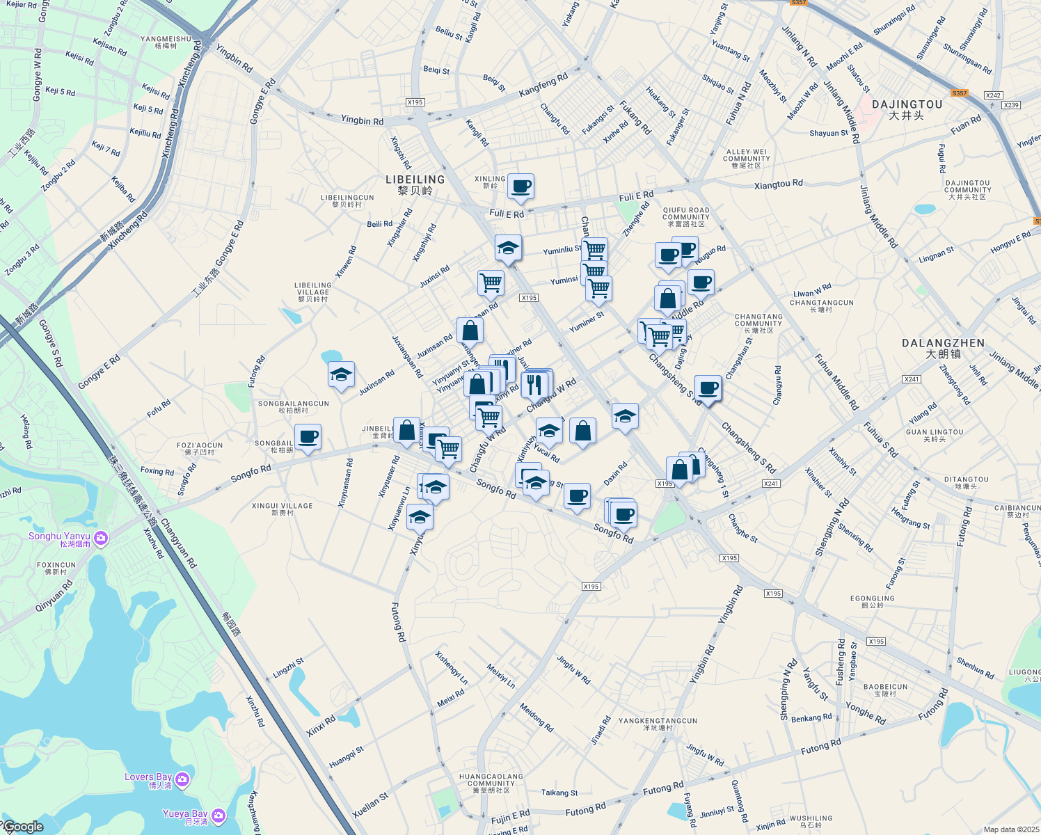 map of restaurants, bars, coffee shops, grocery stores, and more near Chang Fu Xi Lu in Dong Guan Shi