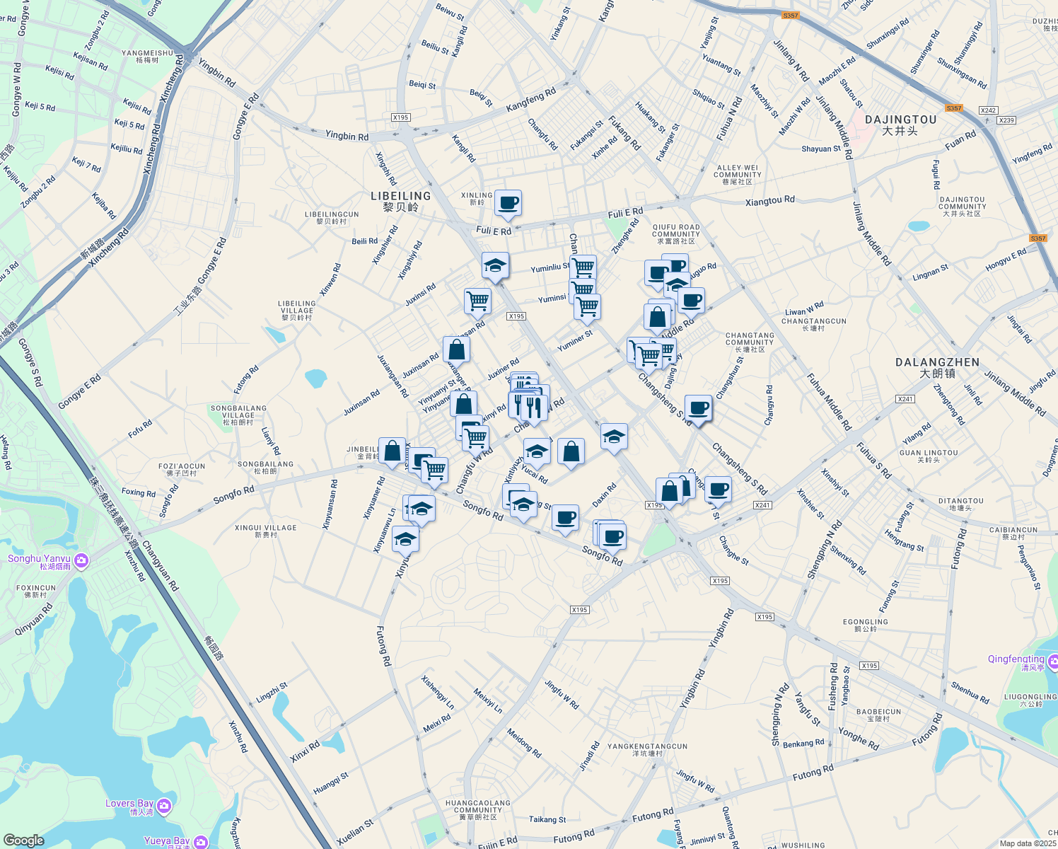 map of restaurants, bars, coffee shops, grocery stores, and more near Chang Fu Xi Lu in Dong Guan Shi