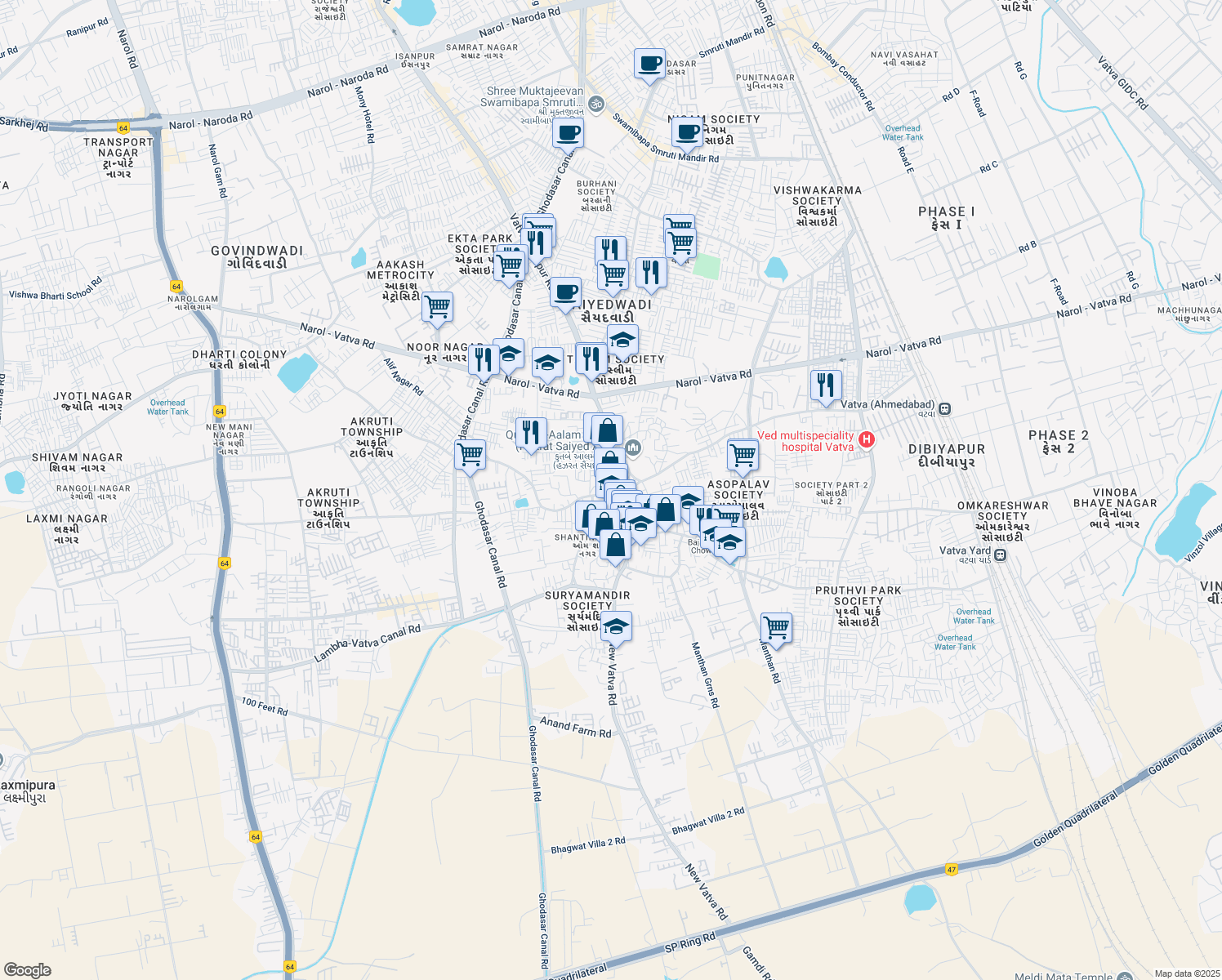 map of restaurants, bars, coffee shops, grocery stores, and more near Vatva Road in Ahmedabad