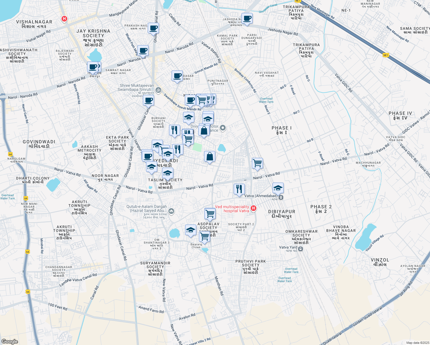 map of restaurants, bars, coffee shops, grocery stores, and more near Vatva Road in Ahmedabad