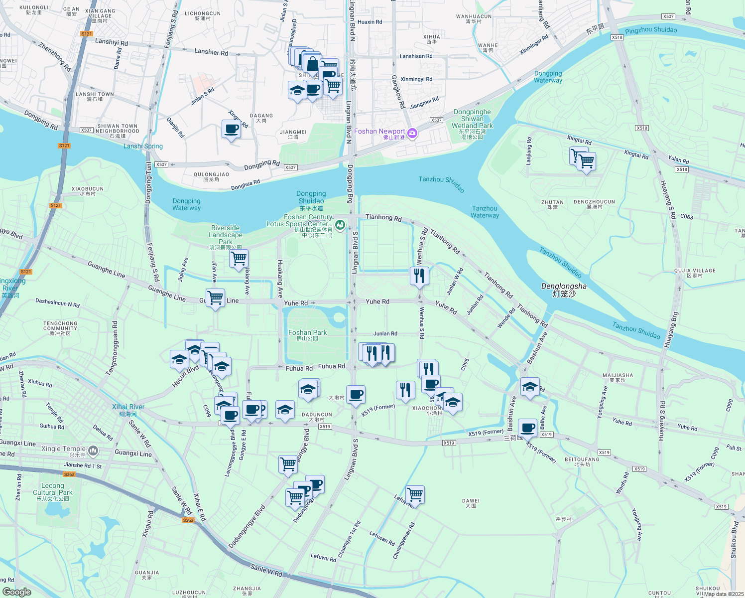 map of restaurants, bars, coffee shops, grocery stores, and more near Yu He Lu in Fo Shan Shi
