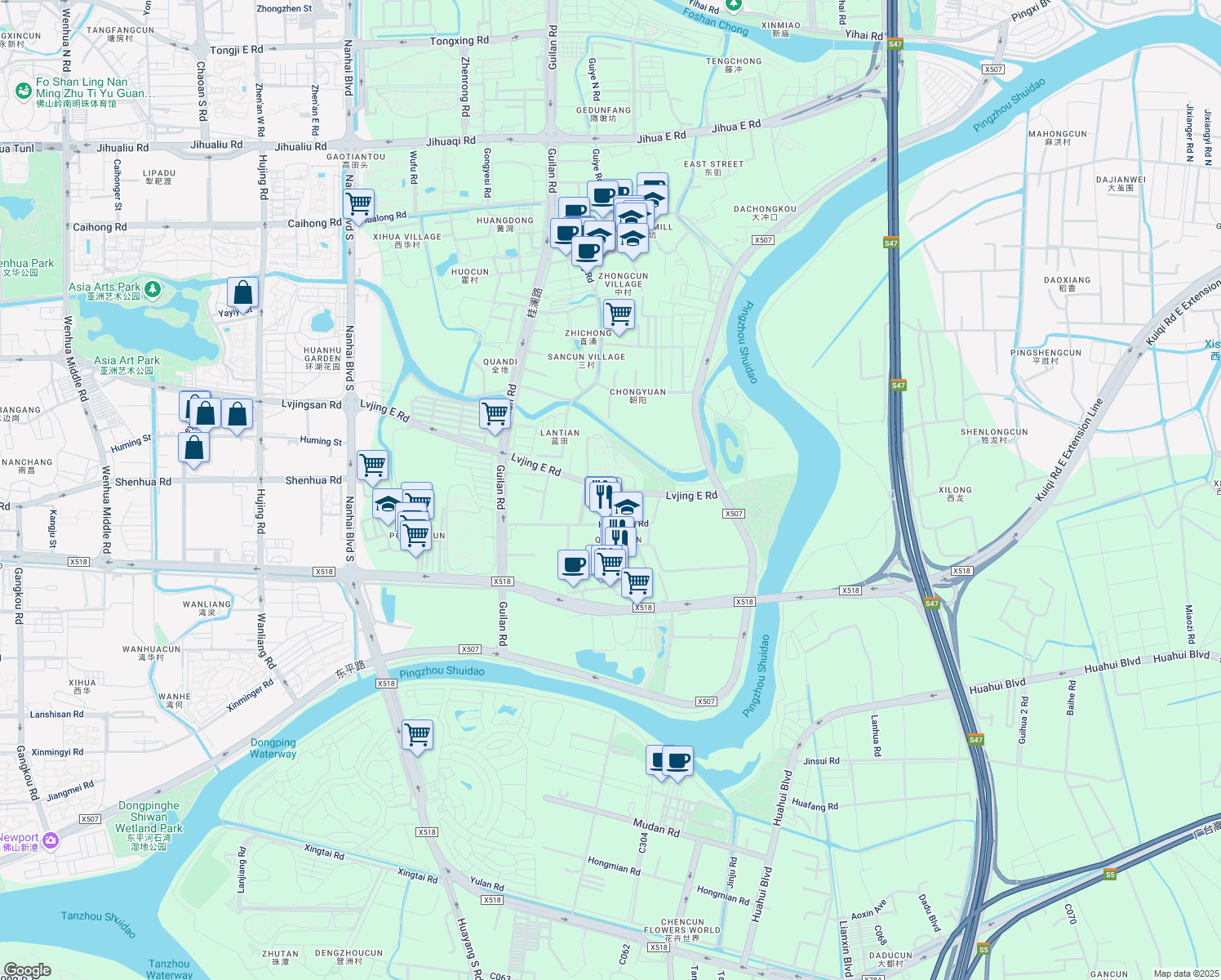 map of restaurants, bars, coffee shops, grocery stores, and more near Lv Jing Dong Lu in Fo Shan Shi