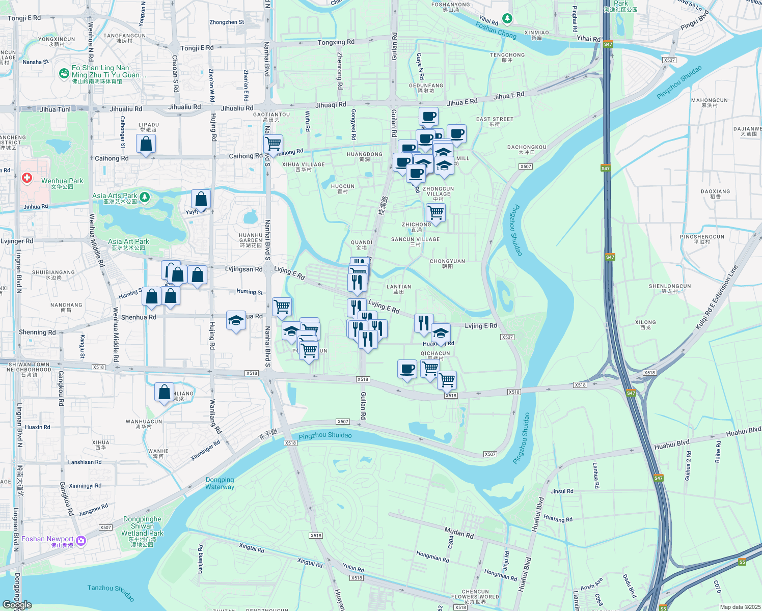 map of restaurants, bars, coffee shops, grocery stores, and more near Lv Jing Dong Lu in Fo Shan Shi