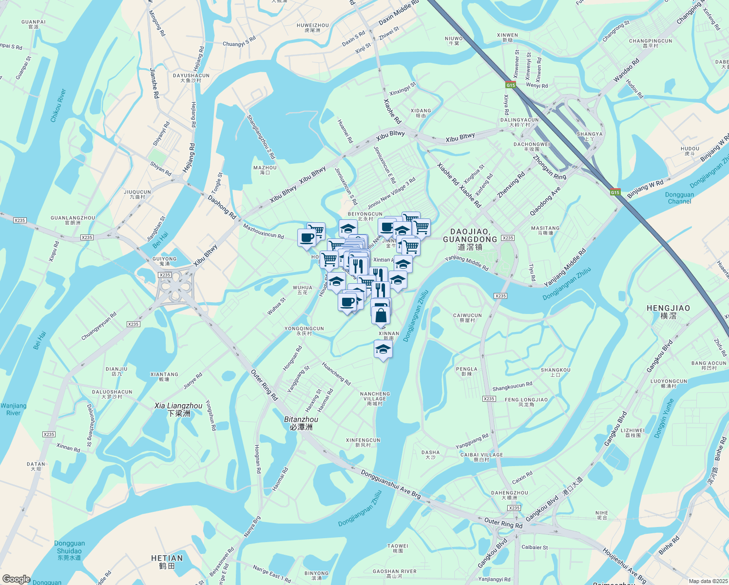 map of restaurants, bars, coffee shops, grocery stores, and more near Xin Xing Lu in Dong Guan Shi