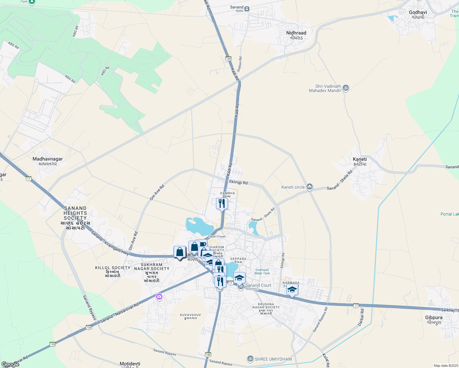 map of restaurants, bars, coffee shops, grocery stores, and more near Gujarat State Highway 135 in Sanand