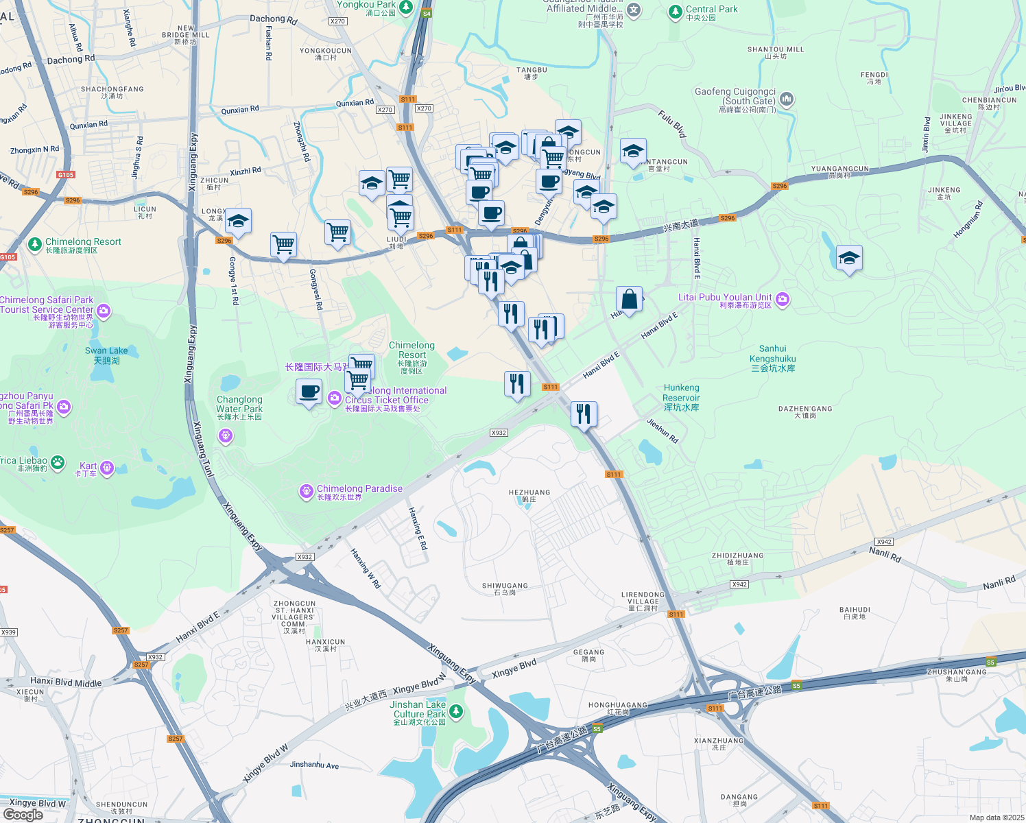 map of restaurants, bars, coffee shops, grocery stores, and more near Ying Bin Da Dao in Guangzhou Shi