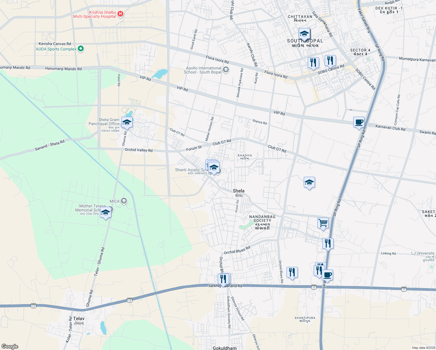 map of restaurants, bars, coffee shops, grocery stores, and more near Shela Road in Ahmedabad