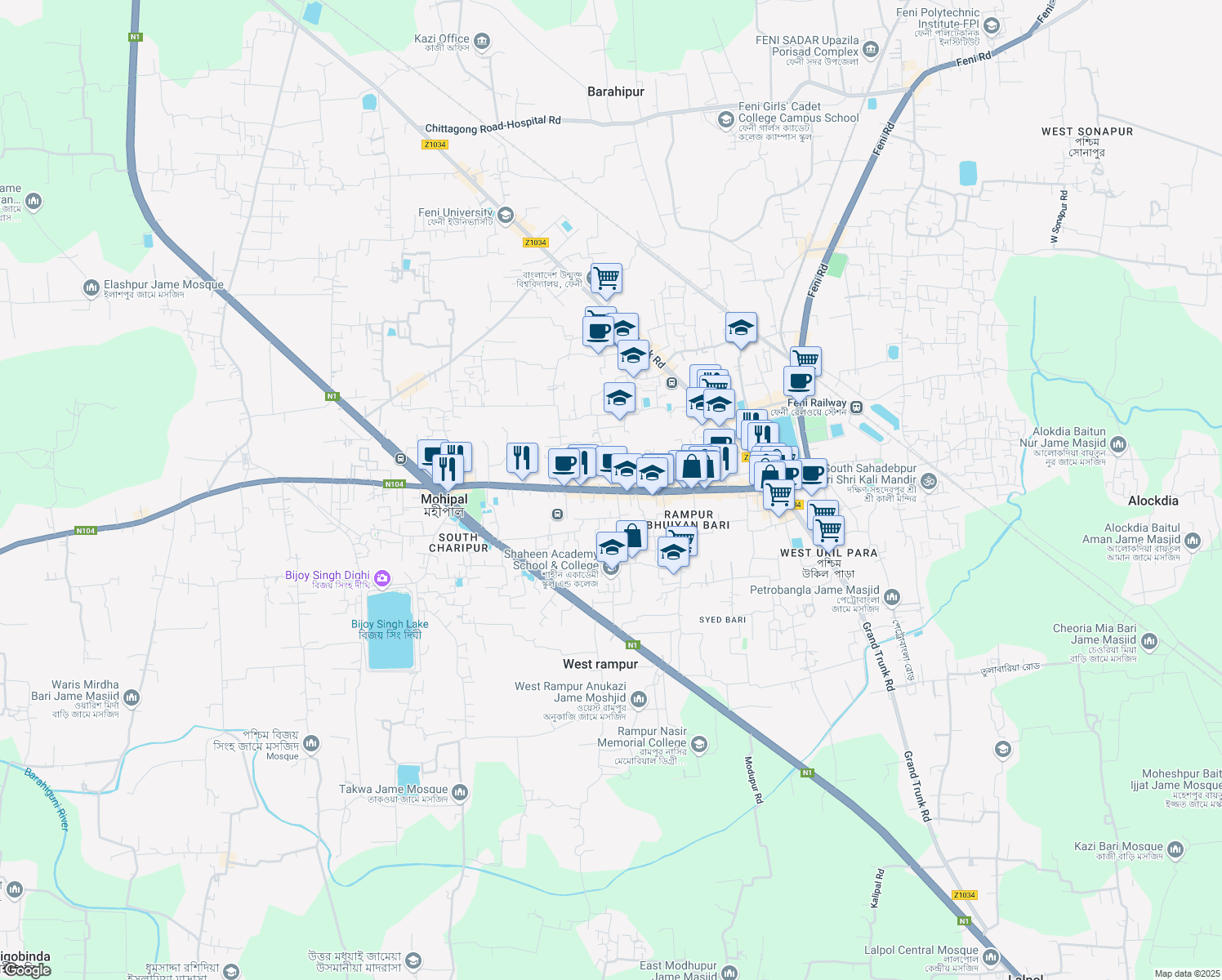map of restaurants, bars, coffee shops, grocery stores, and more near Shahid Shahidullah Kaisar Road in Feni