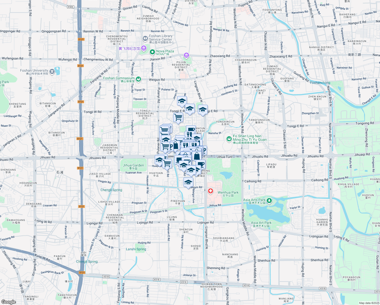map of restaurants, bars, coffee shops, grocery stores, and more near Jihua 5th Road in Foshan Shi