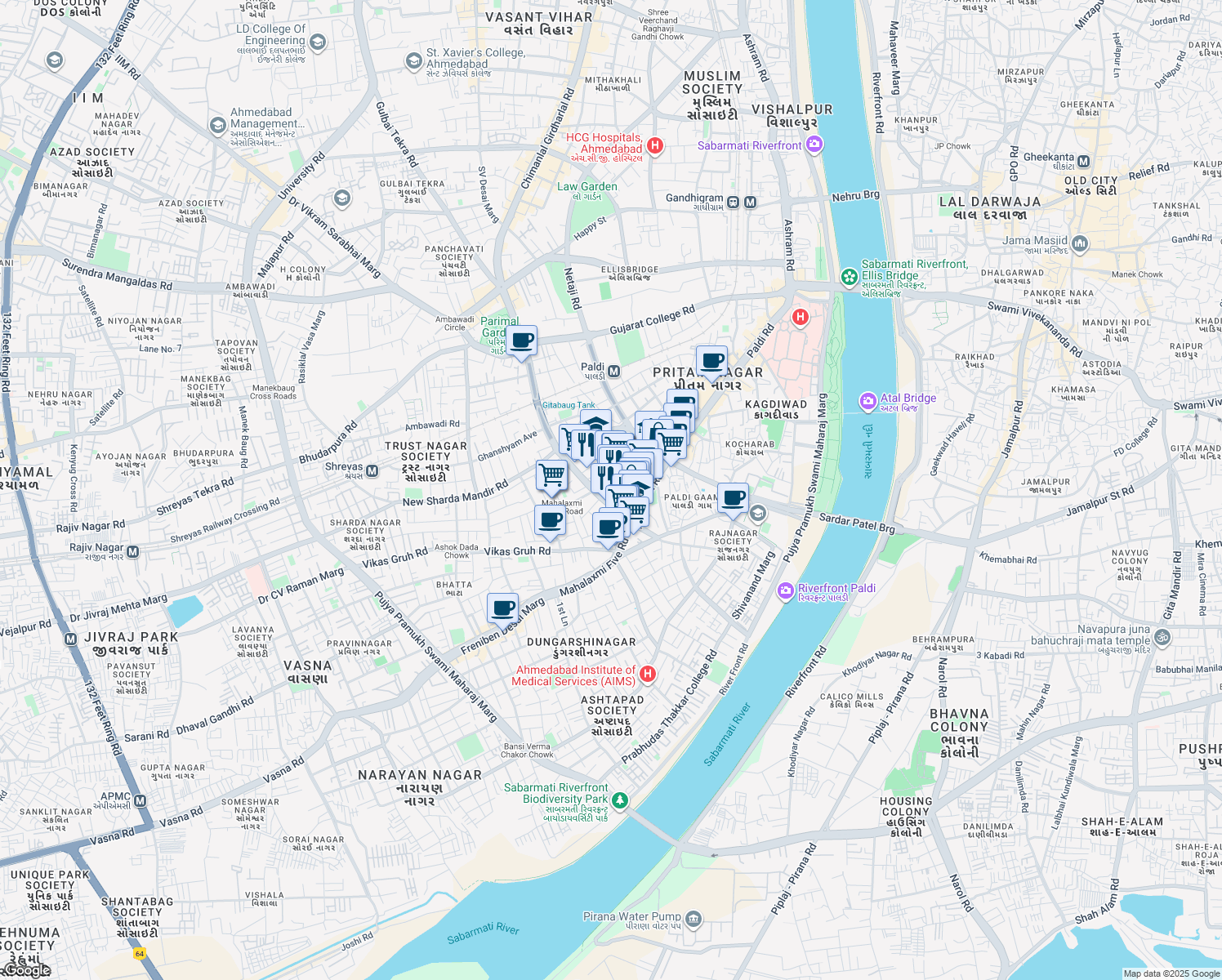 map of restaurants, bars, coffee shops, grocery stores, and more near in Ahmedabad