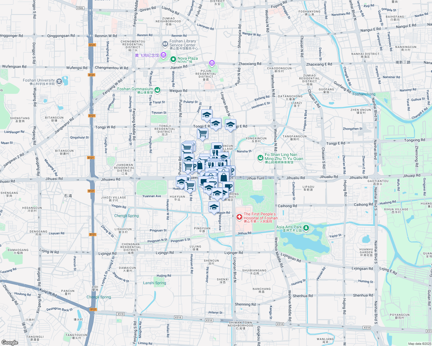 map of restaurants, bars, coffee shops, grocery stores, and more near Jihua 5th Road in Foshan Shi