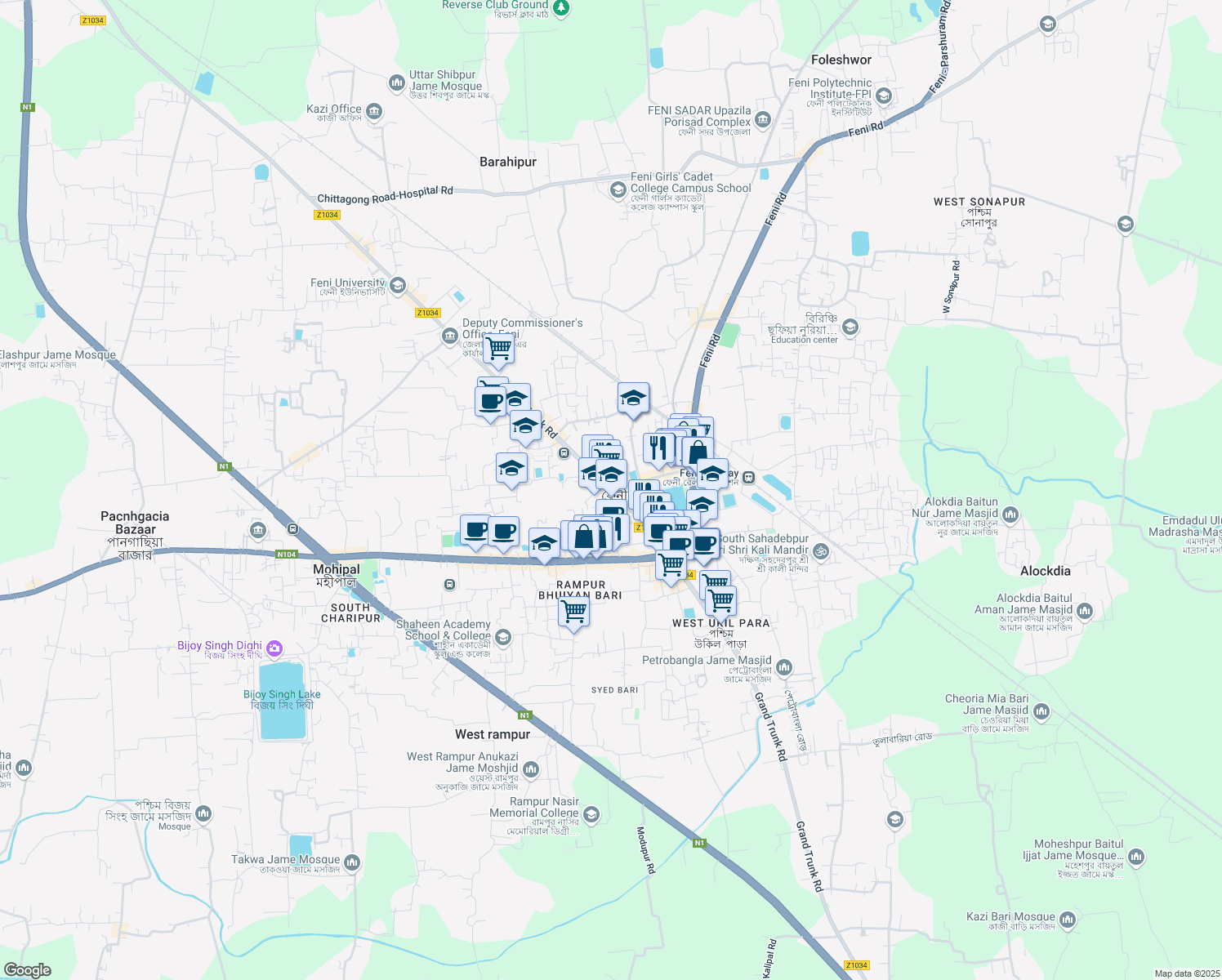 map of restaurants, bars, coffee shops, grocery stores, and more near Grand Trunk Road in Feni