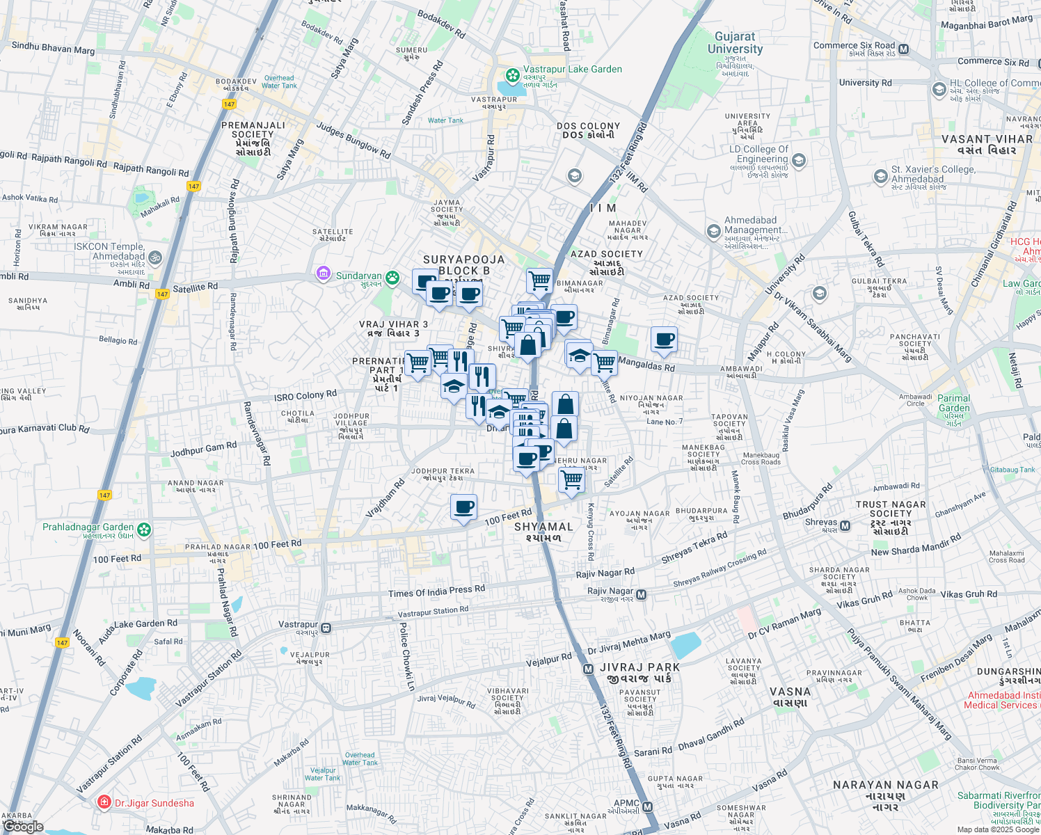 map of restaurants, bars, coffee shops, grocery stores, and more near Shivranjani Cross Road in Ahmedabad