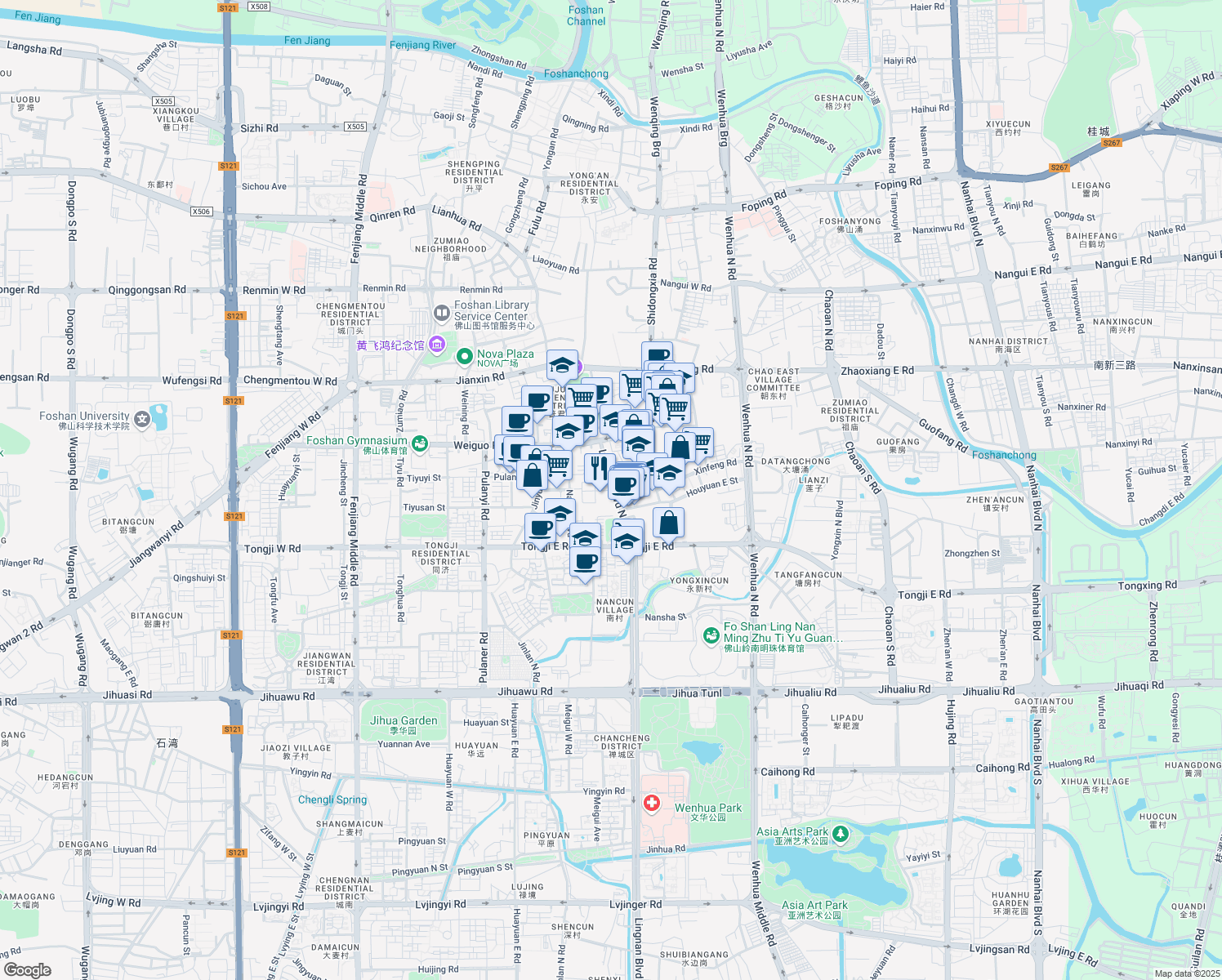 map of restaurants, bars, coffee shops, grocery stores, and more near in Foshan