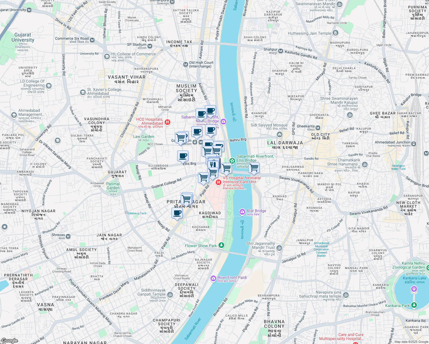 map of restaurants, bars, coffee shops, grocery stores, and more near in Ahmedabad