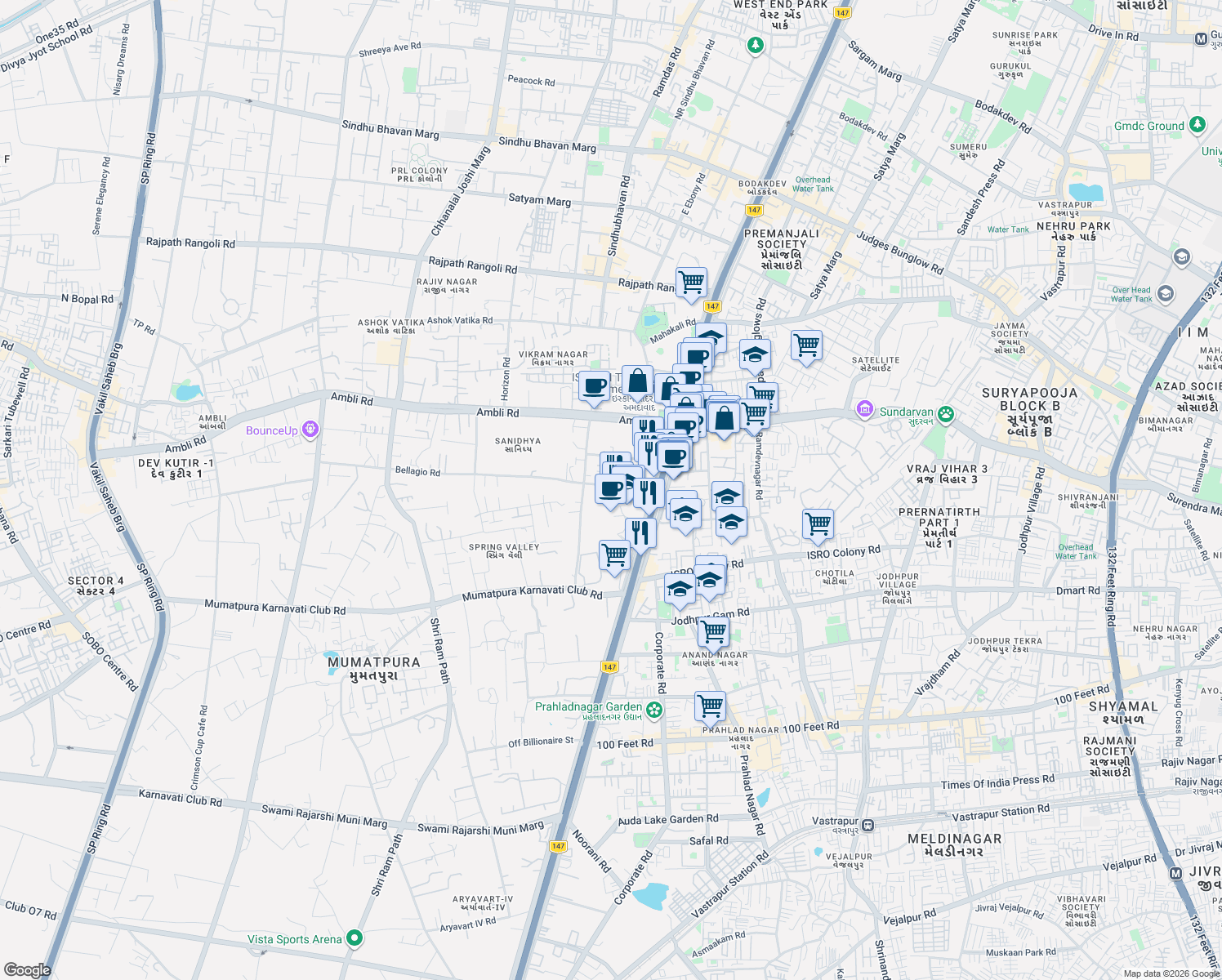 map of restaurants, bars, coffee shops, grocery stores, and more near Near Iskcon Cross Road in Ahmedabad