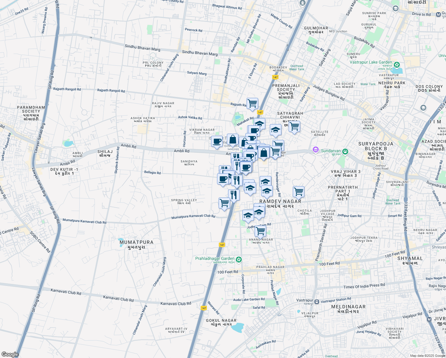 map of restaurants, bars, coffee shops, grocery stores, and more near Near Iskcon Cross Road in Ahmedabad