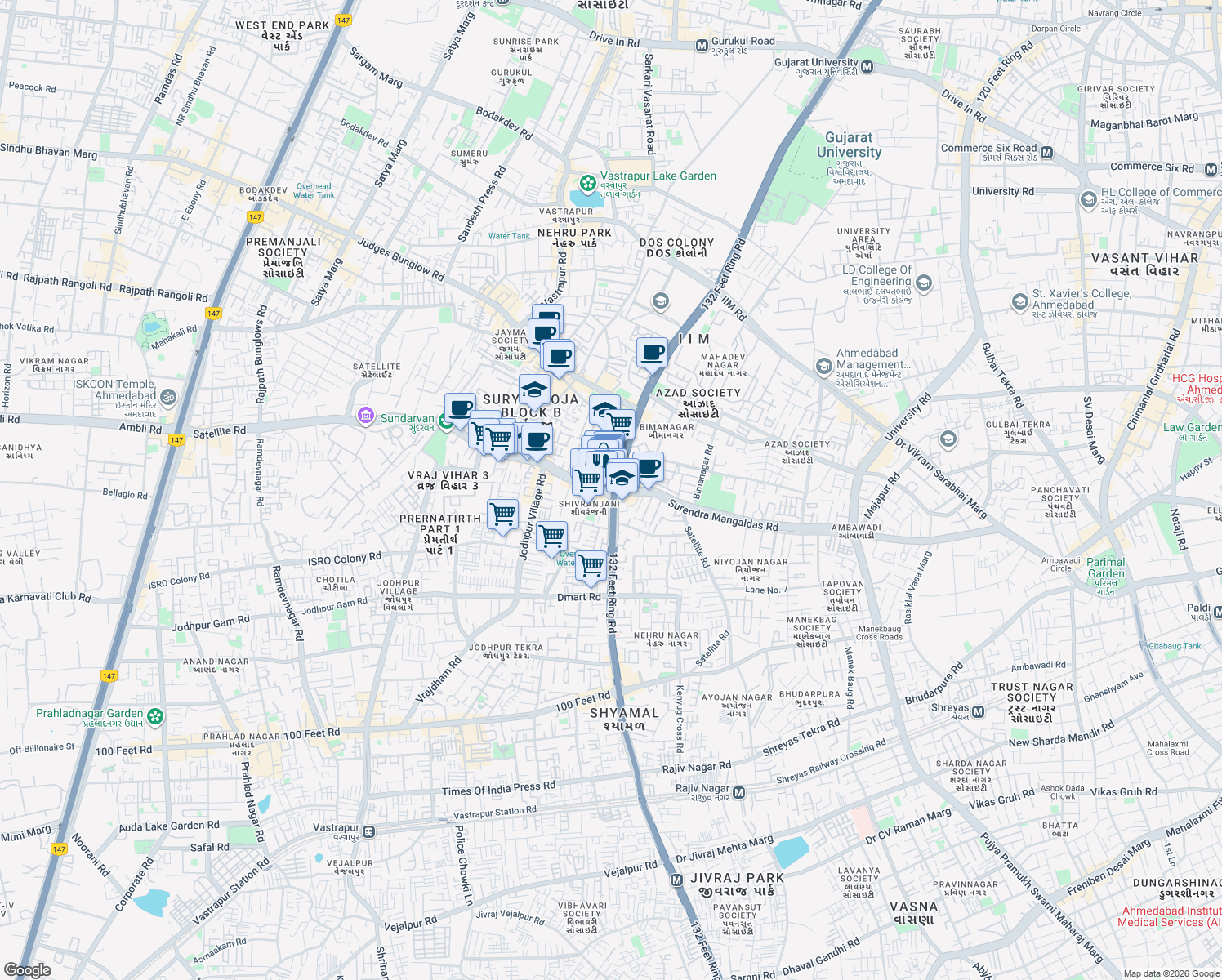 map of restaurants, bars, coffee shops, grocery stores, and more near in Ahmedabad