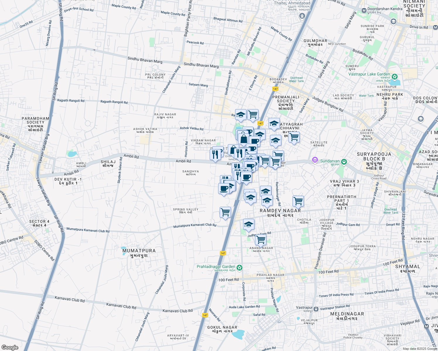 map of restaurants, bars, coffee shops, grocery stores, and more near Iskcon Cross Road in Ahmedabad